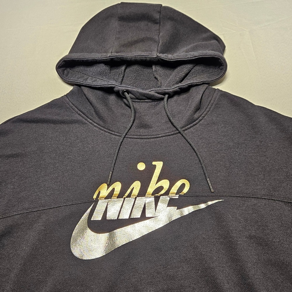 Nike Hoodie Women Small Black Gold Silver Metallic Logo Cropped AJ0096-010